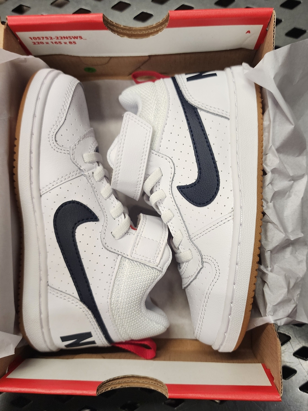 Nike Kids White Sneakers with Navy Swoosh and Gum Sole